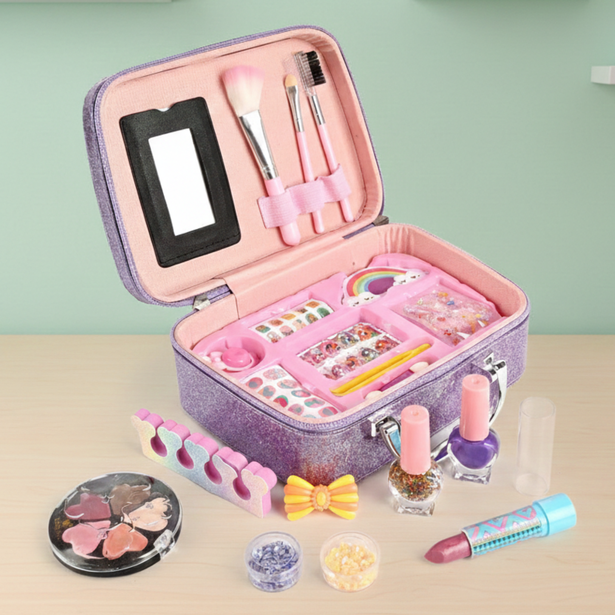 2-in-1 Kids Beauty Makeup Kit with Glitter Carry Case – Girls Pretend Play Cosmetic Set