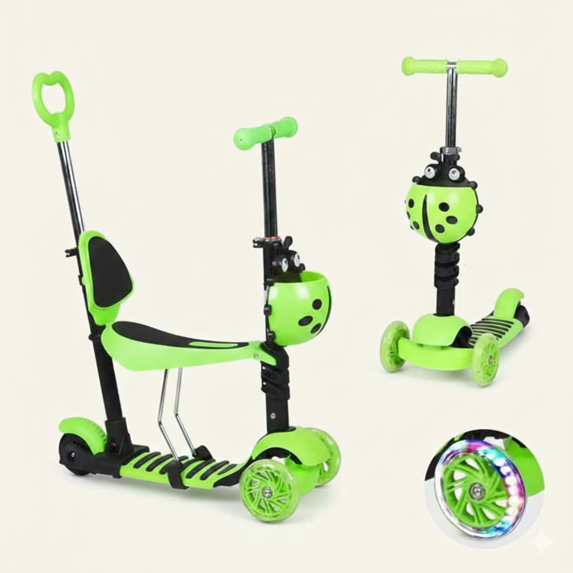 3-in-1 Kids Scooter with Seat & Push Handle – Adjustable Baby Scooter with LED Wheels (Blue)