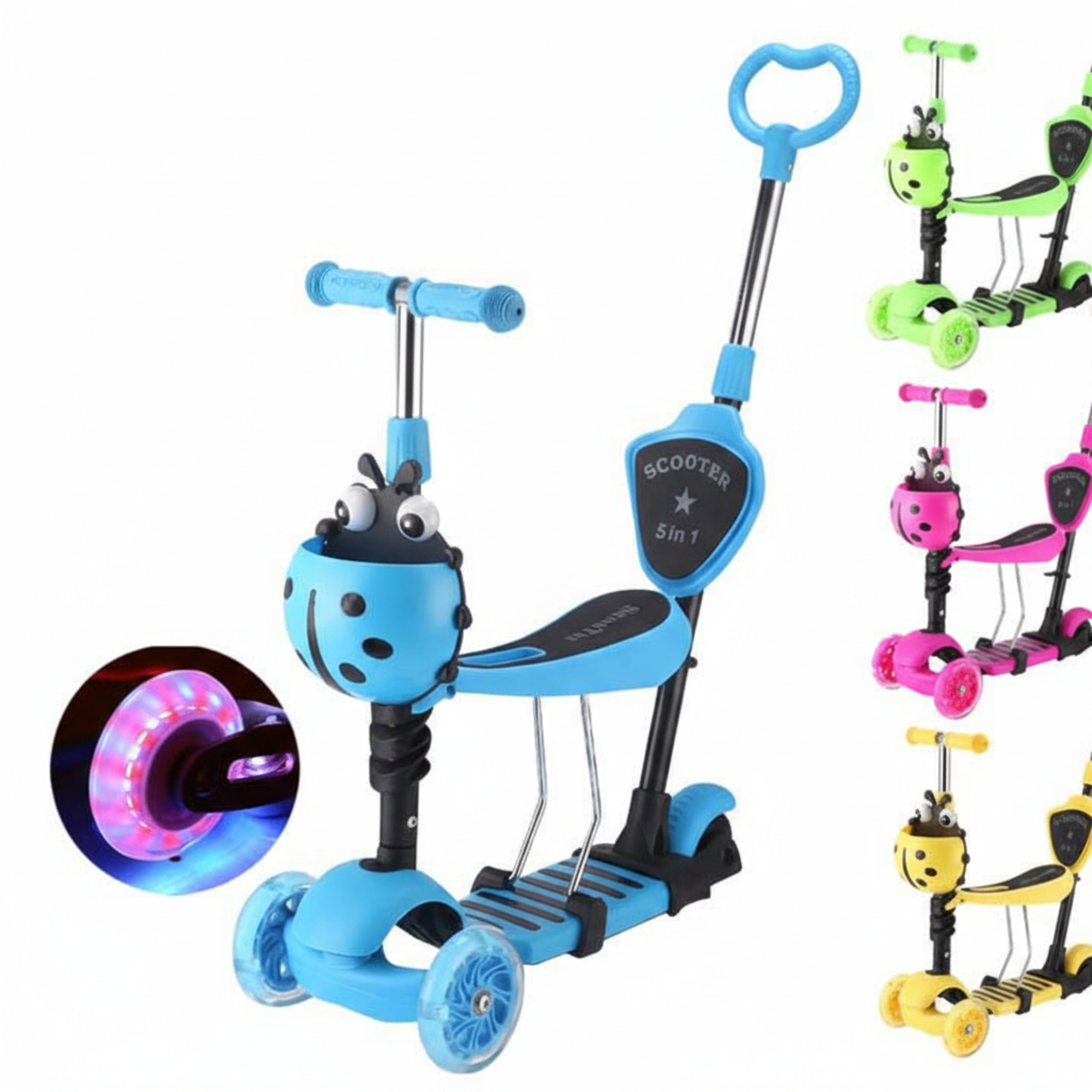 3-in-1 Kids Scooter with Seat & Push Handle – Adjustable Baby Scooter with LED Wheels (Blue)