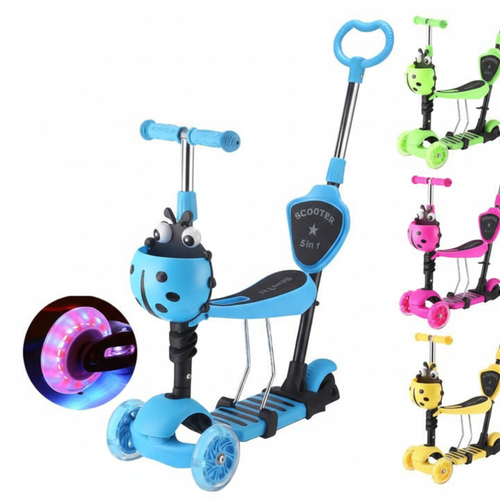 3-in-1 Kids Scooter with Seat & Push Handle – Adjustable Baby Scooter with LED Wheels (Blue)