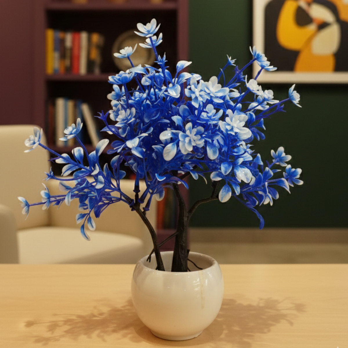 Artificial Blue Blossom Flower Pot – Decorative Mini Plant with White Ceramic Vase