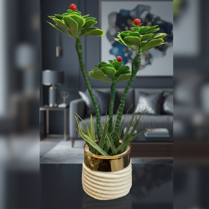 Artificial Green Succulent Plant with Golden Decorative Pot – Modern Table Décor