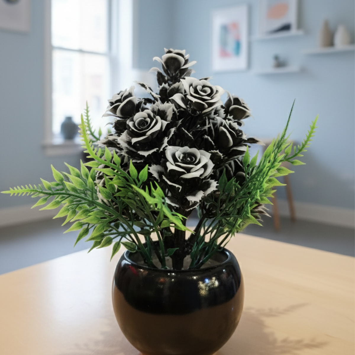 Artificial Rose Flower Pot – Decorative Mini Plant with Black Ceramic Vase