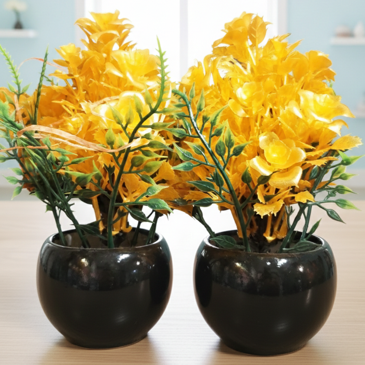 Artificial Rose Flower Pot – Decorative Mini Plant with Black Ceramic Vase