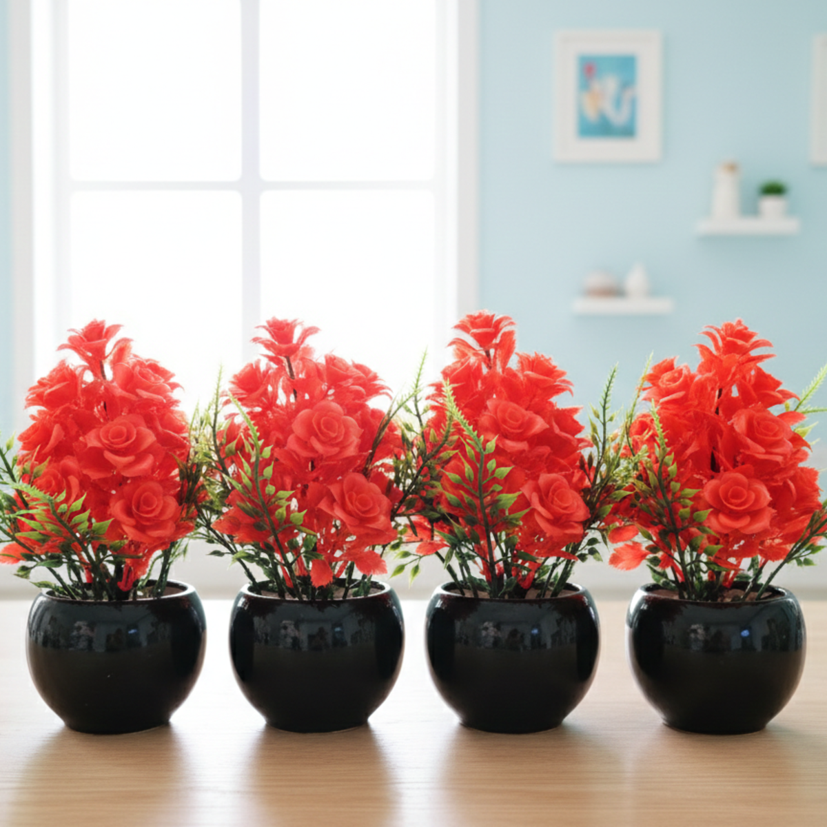 Artificial Rose Flower Pot – Decorative Mini Plant with Black Ceramic Vase