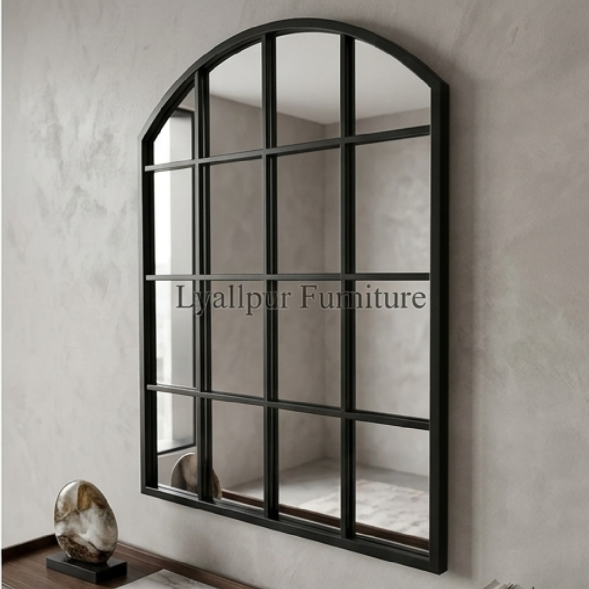 Black Arched Window Grid Mirror