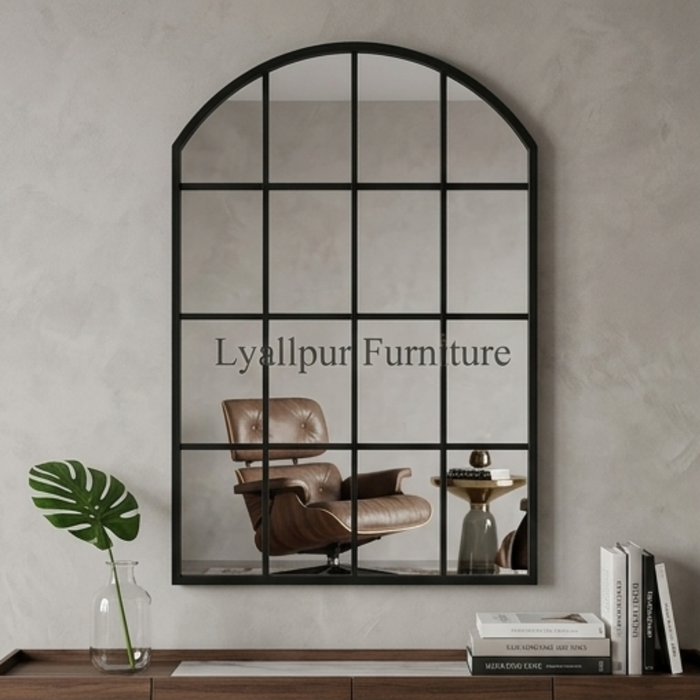 Black Arched Window Grid Mirror