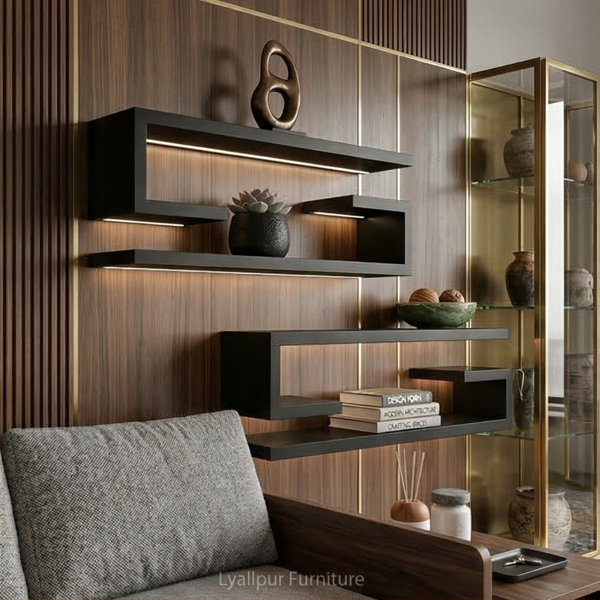 Black S-Curve LED Wall Shelves