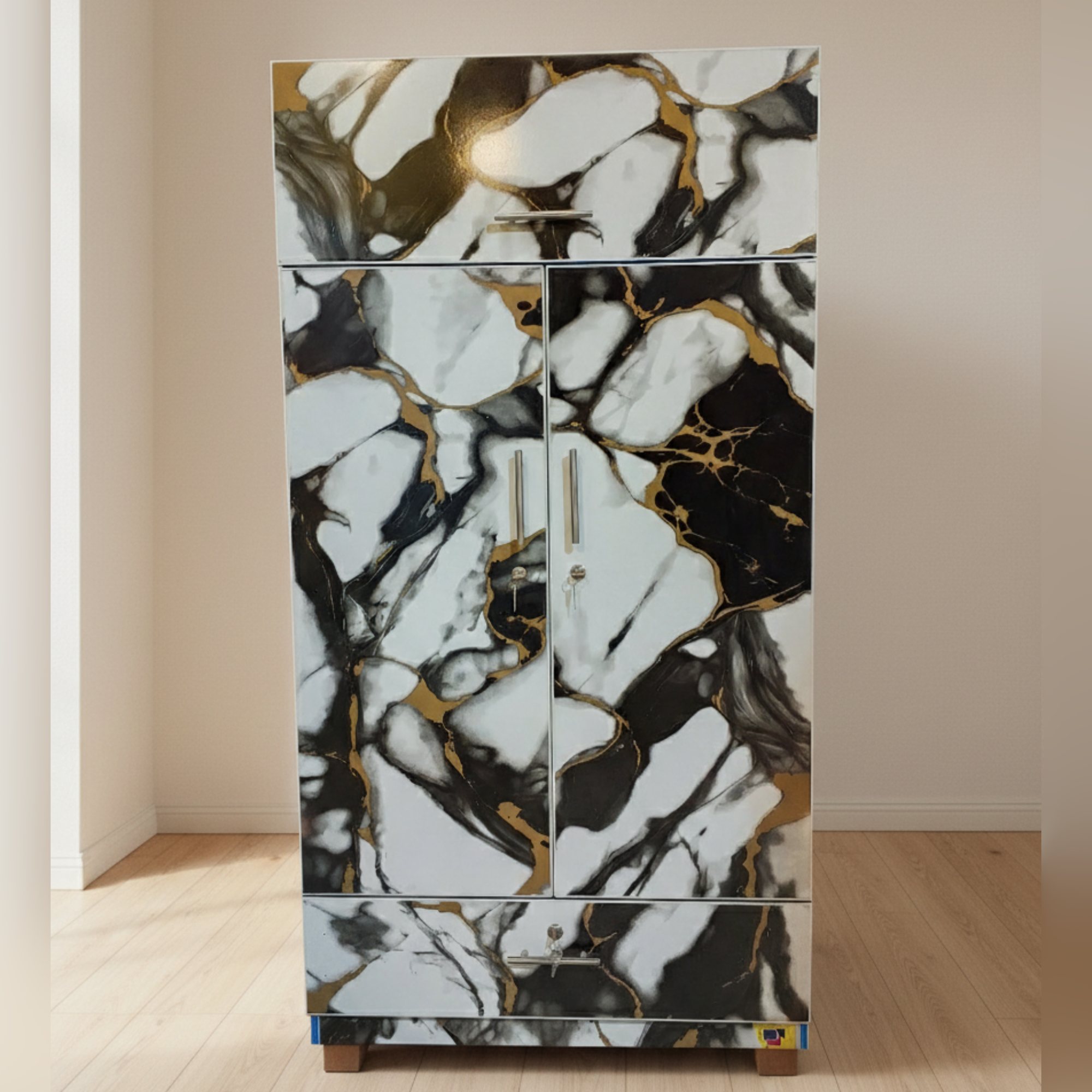 Black & White Marble Design 2 Door Wardrobe with Drawer – 5.3ft Laminated Cupboard