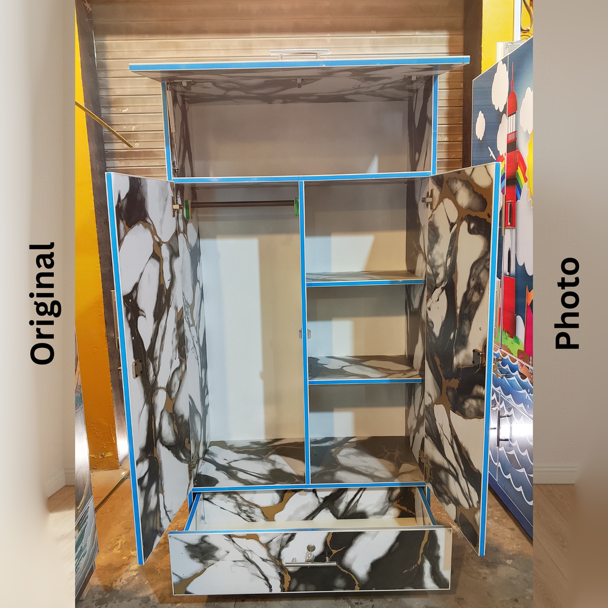 Black & White Marble Design 2 Door Wardrobe with Drawer – 5.3ft Laminated Cupboard