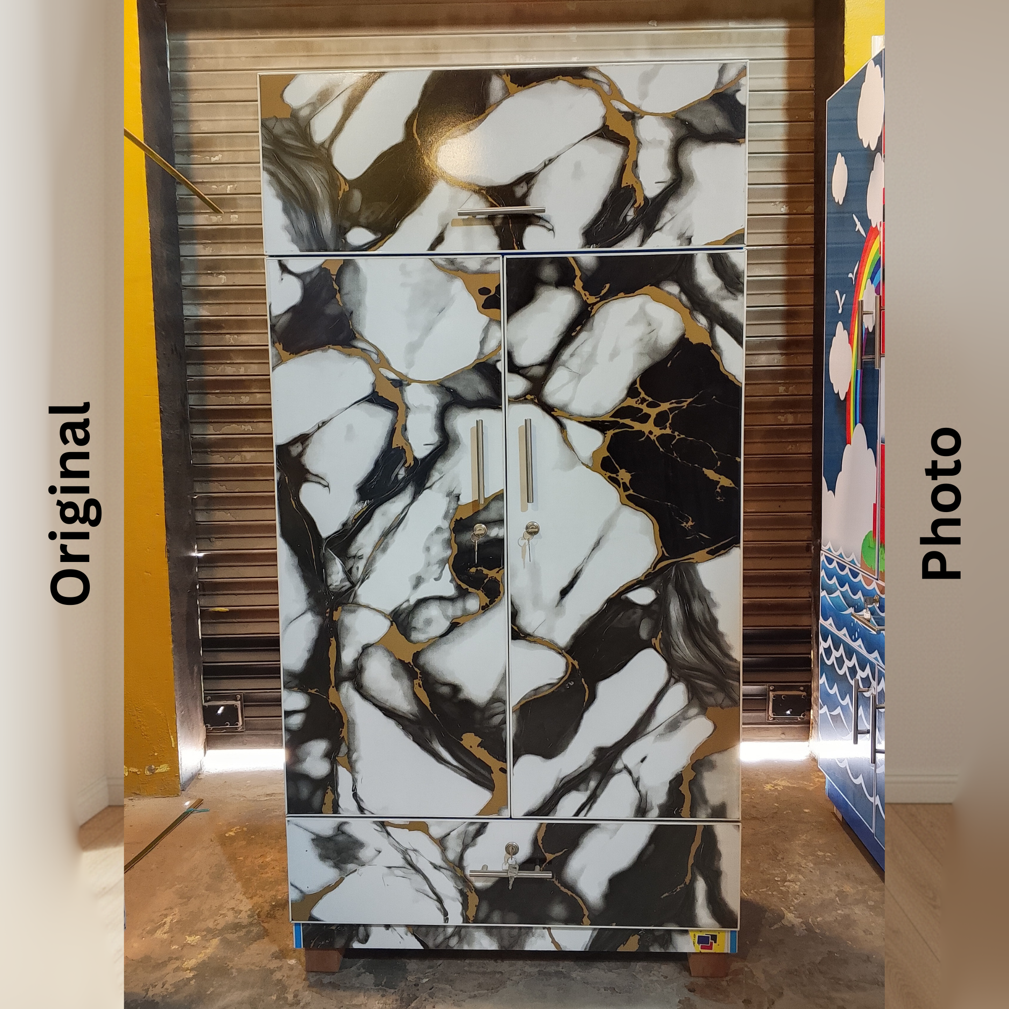 Black & White Marble Design 2 Door Wardrobe with Drawer – 5.3ft Laminated Cupboard