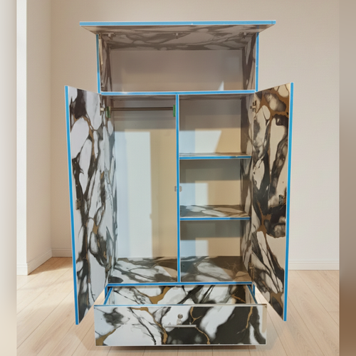 Black & White Marble Design 2 Door Wardrobe with Drawer – 5.3ft Laminated Cupboard