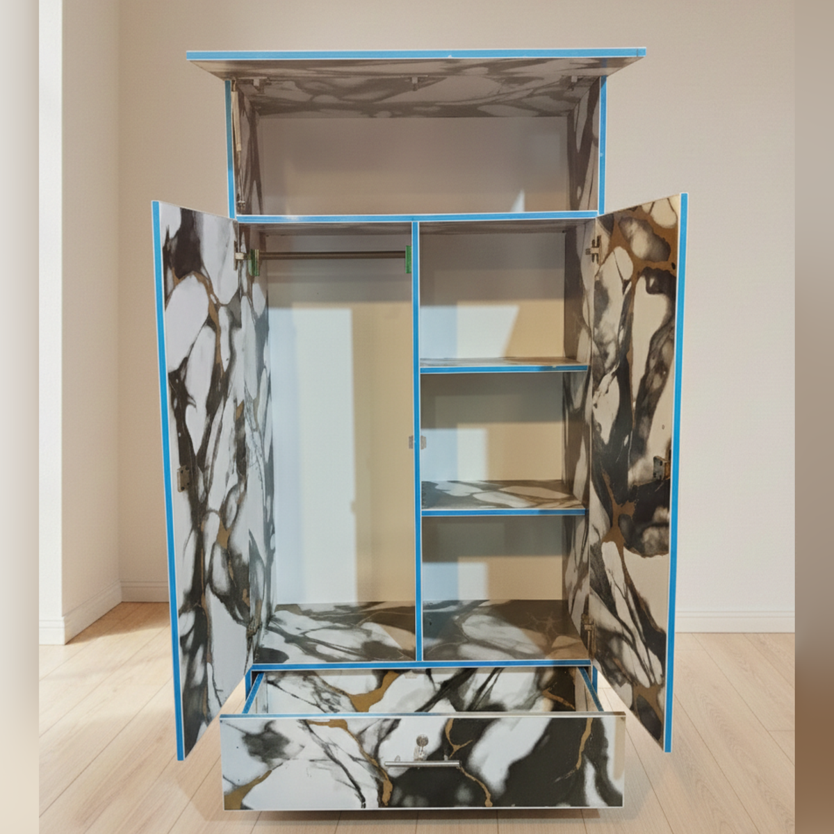 Black & White Marble Design 2 Door Wardrobe with Drawer – 5.3ft Laminated Cupboard