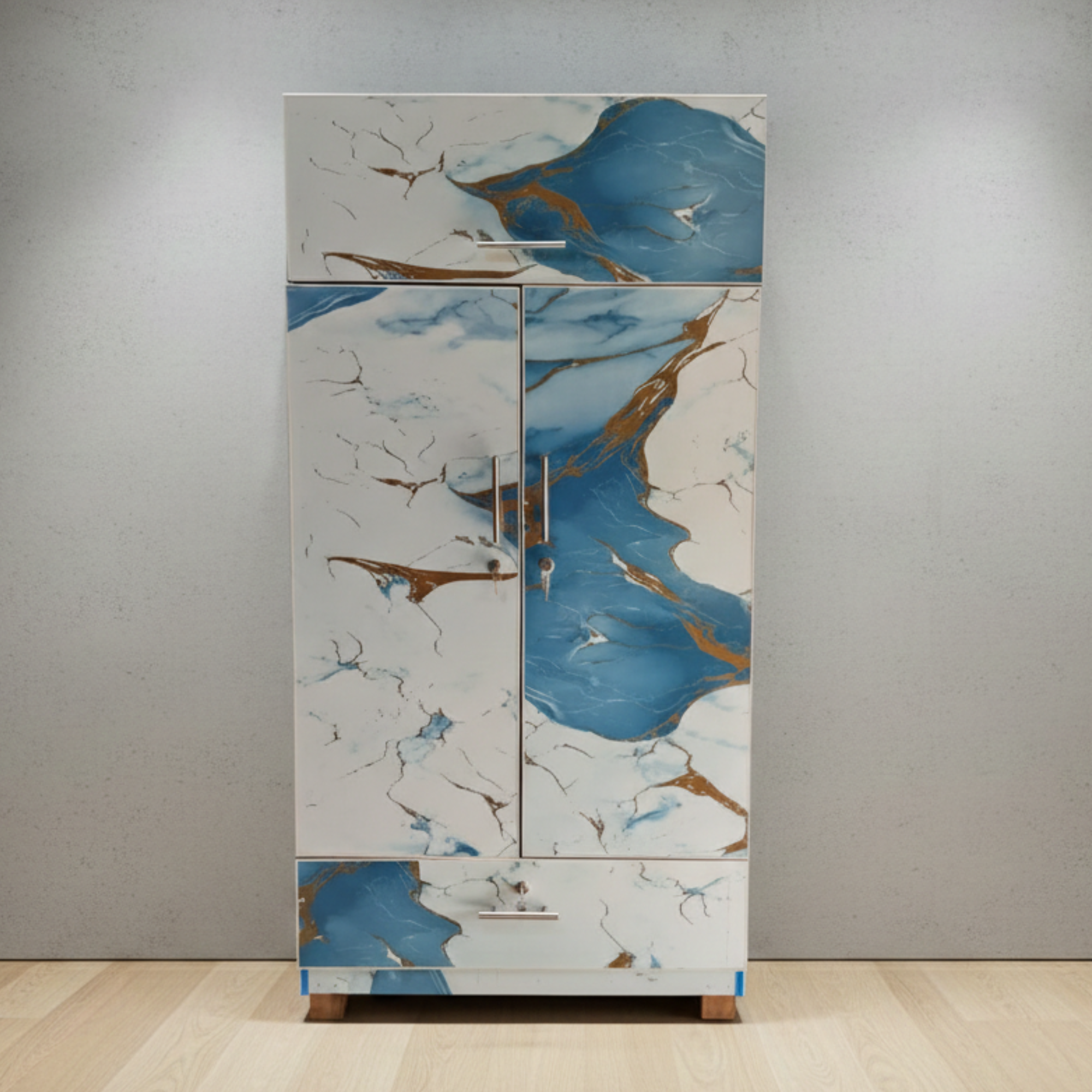 Blue & White Marble Lamination Wardrobe – 5ft 3in | 2 Door | Drawer Storage