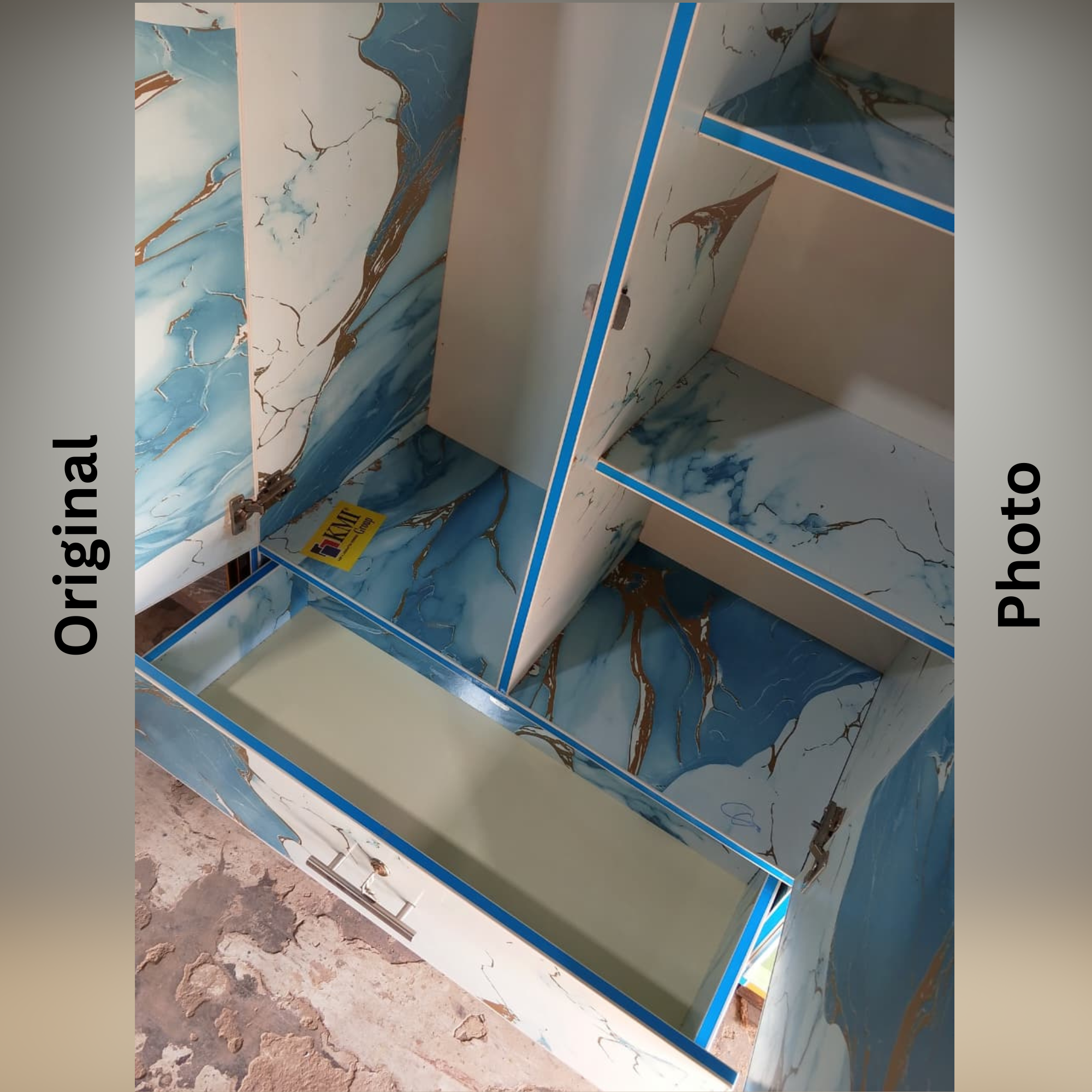 Blue & White Marble Lamination Wardrobe – 5ft 3in | 2 Door | Drawer Storage