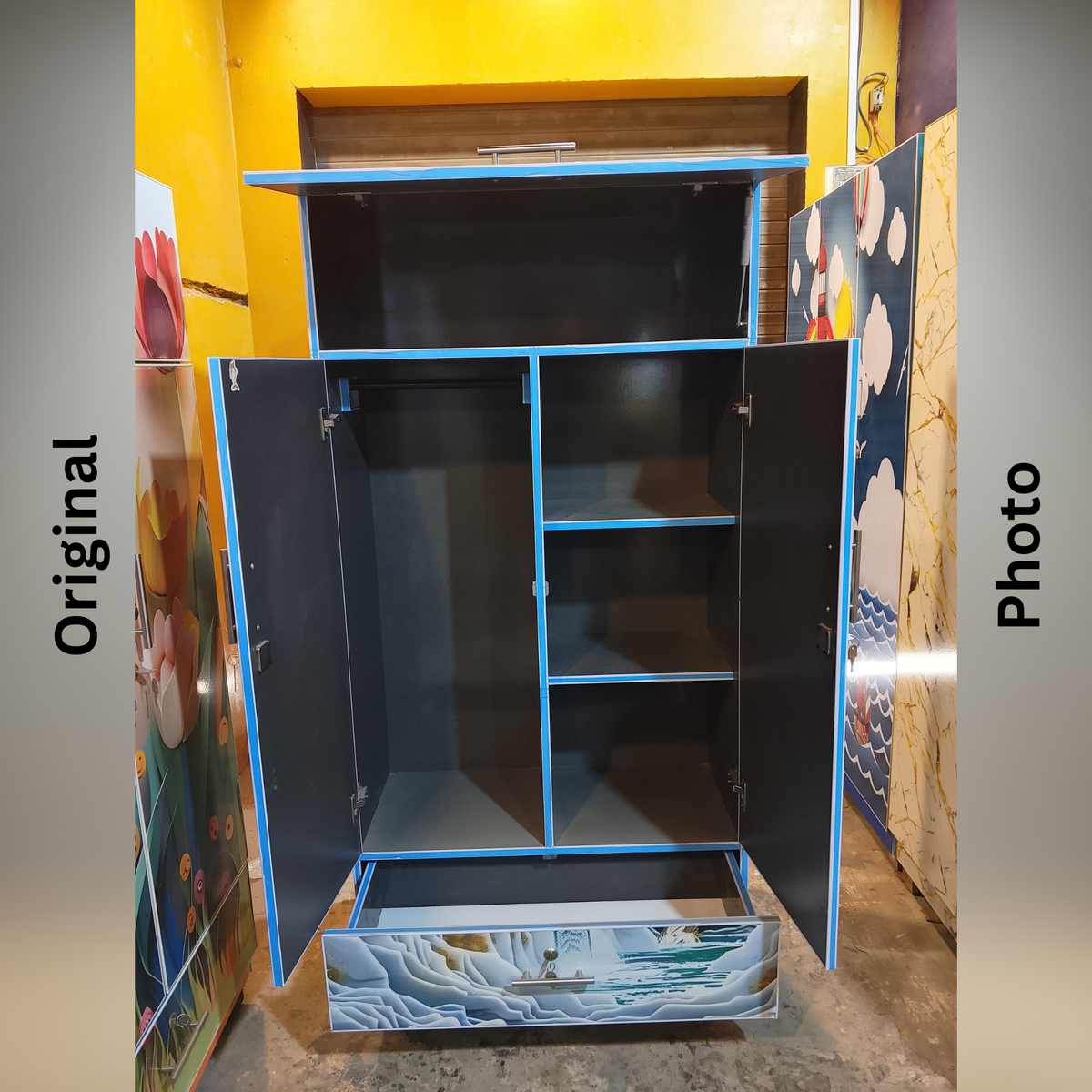 Blue & White Marble Lamination Wardrobe – 5ft 3in | 2 Door | Drawer Storage