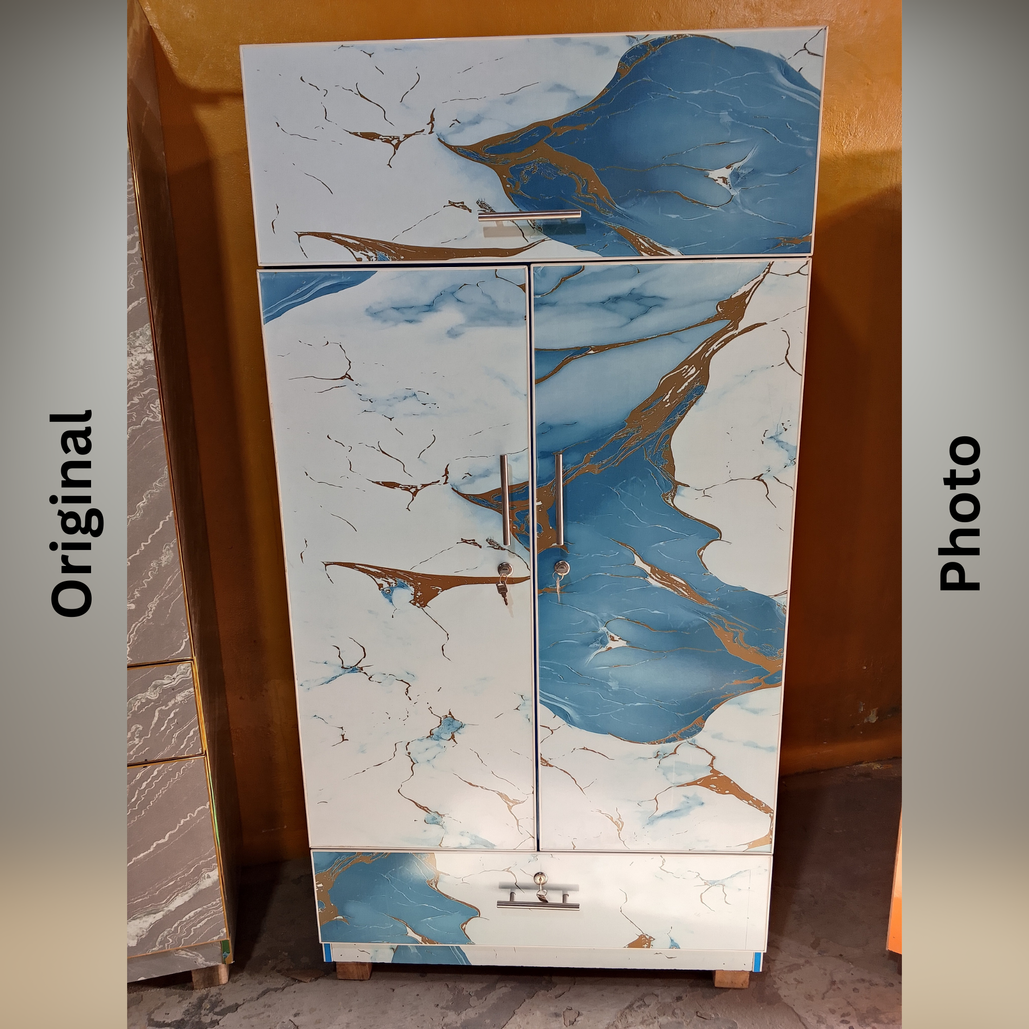 Blue & White Marble Lamination Wardrobe – 5ft 3in | 2 Door | Drawer Storage