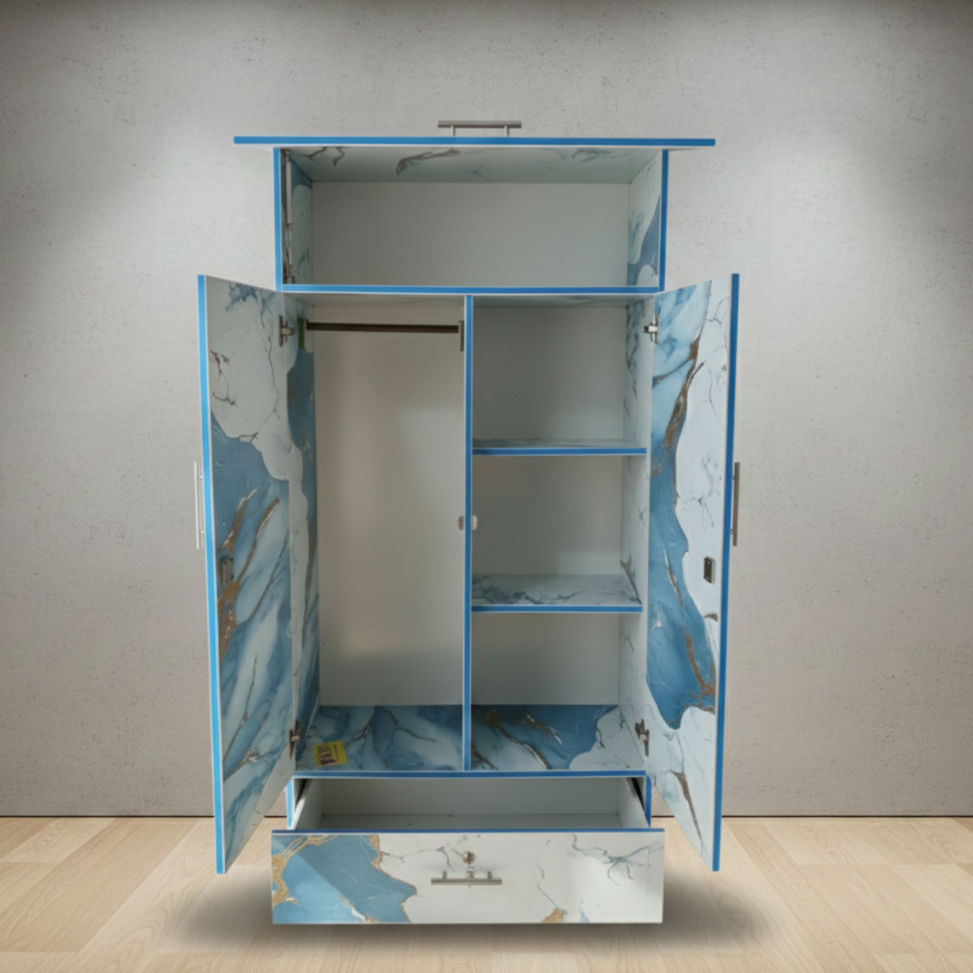 Blue & White Marble Lamination Wardrobe – 5ft 3in | 2 Door | Drawer Storage