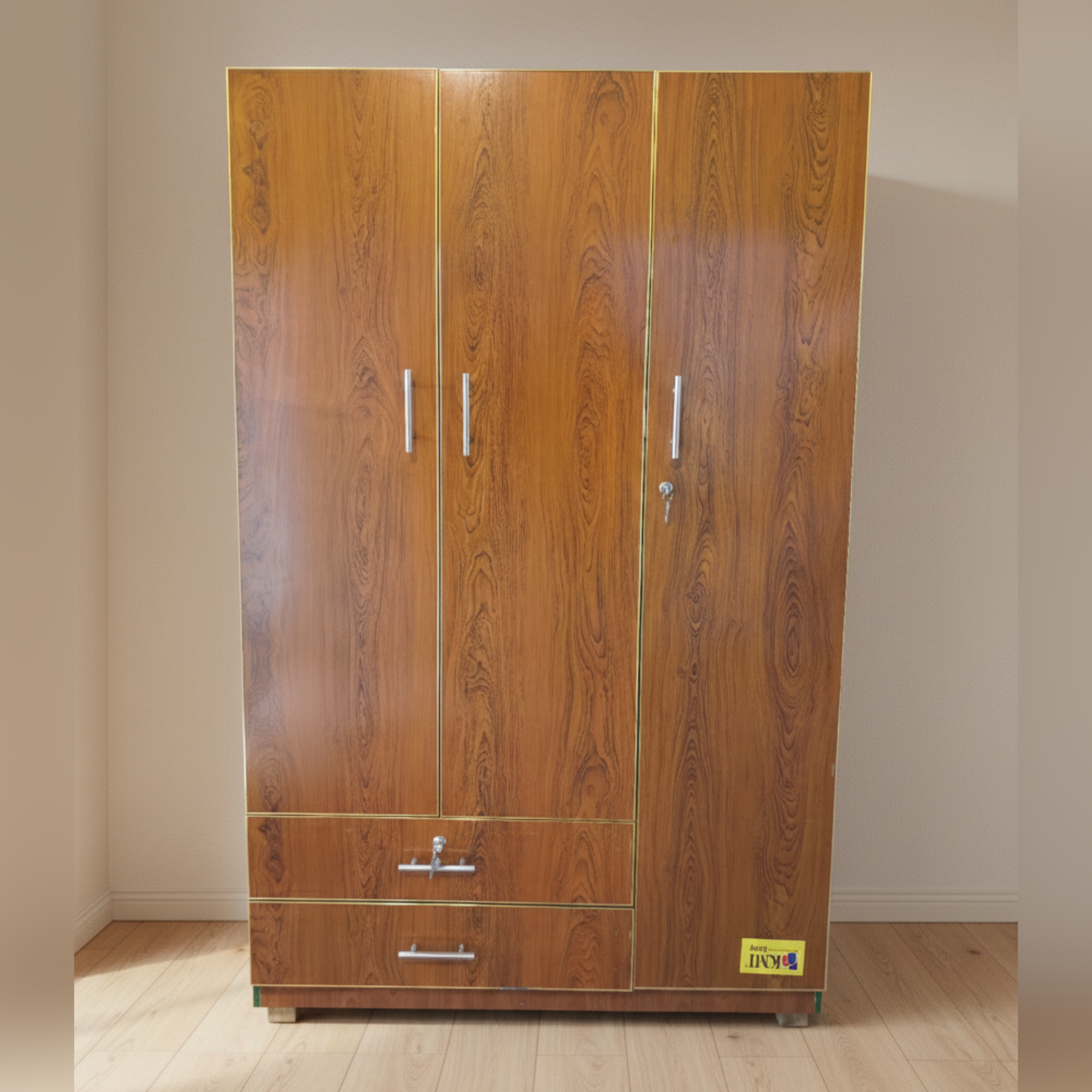 Brown Wood Texture Lamination Wardrobe – 3 Door | Double Drawer Storage