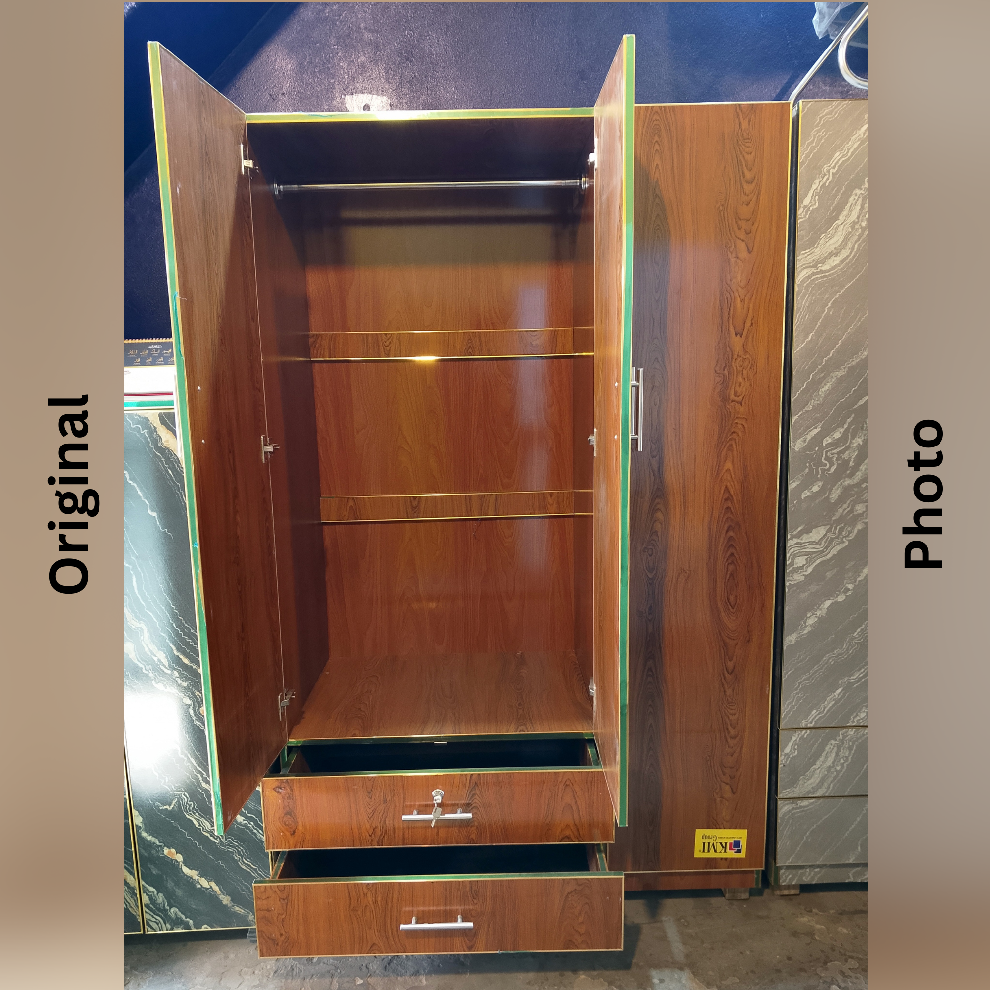 Brown Wood Texture Lamination Wardrobe – 3 Door | Double Drawer Storage