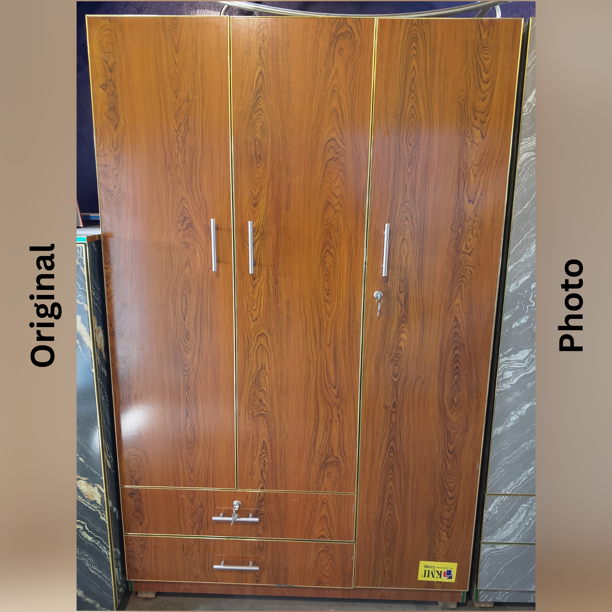Brown Wood Texture Lamination Wardrobe – 3 Door | Double Drawer Storage