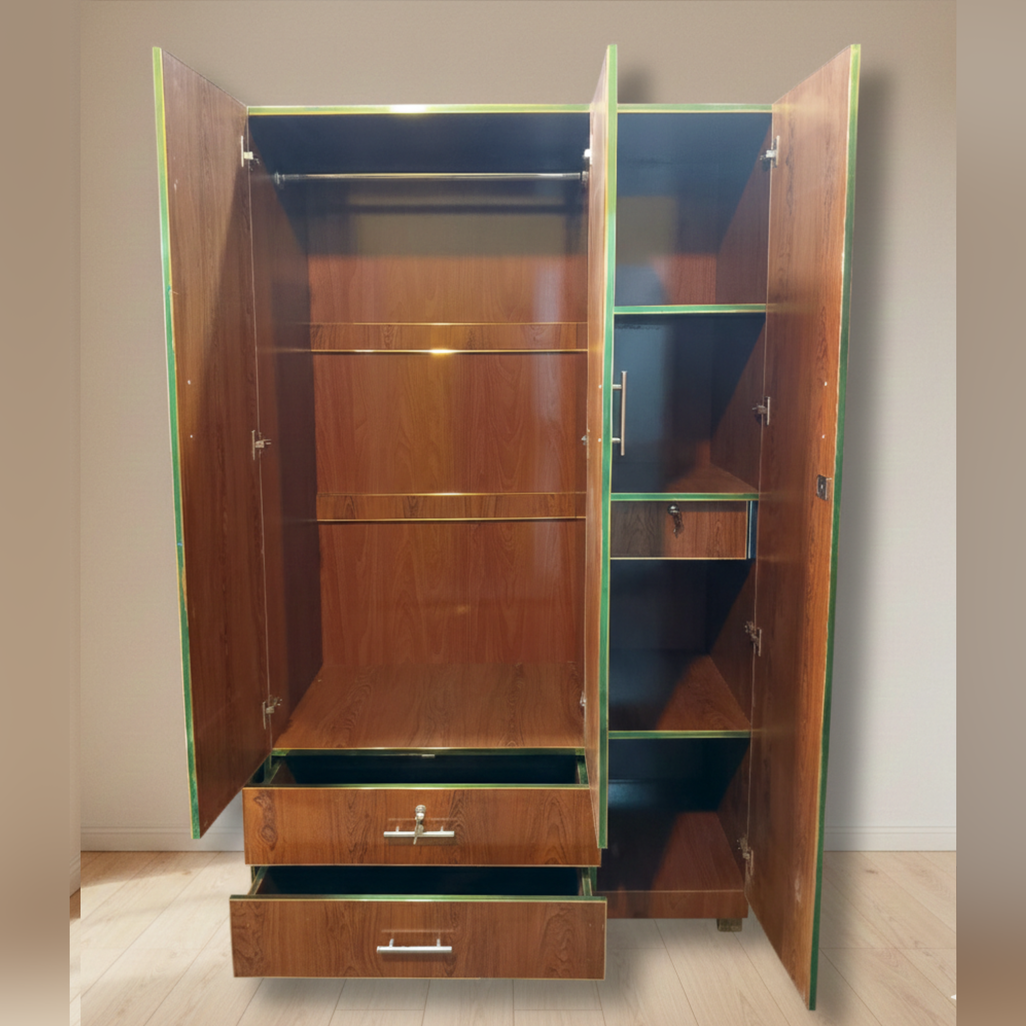 Brown Wood Texture Lamination Wardrobe – 3 Door | Double Drawer Storage