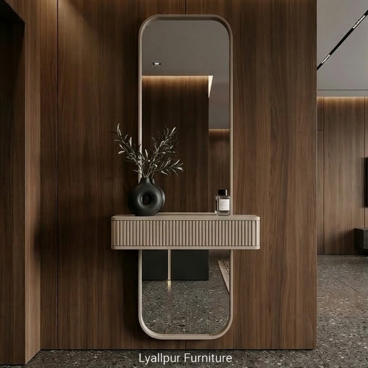 Capsule Wall Mirror with Fluted Floating Console