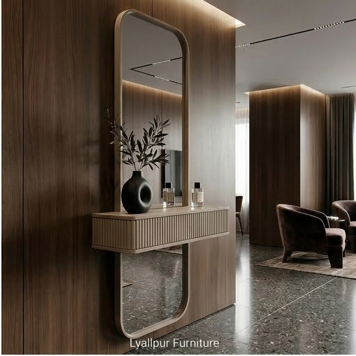 Capsule Wall Mirror with Fluted Floating Console