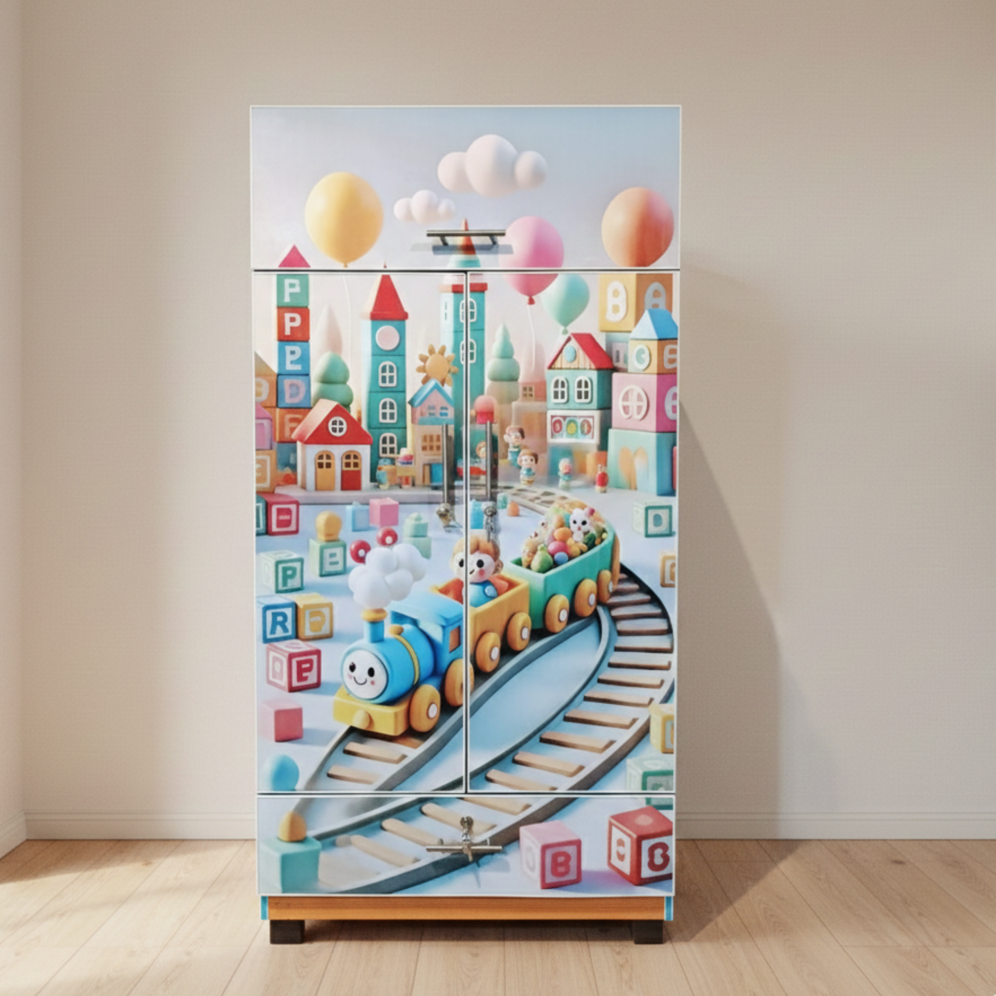 Colorful Train Theme Kids Wardrobe | 2 Door Cupboard with Drawer (63 x 33 x 16 Inches)