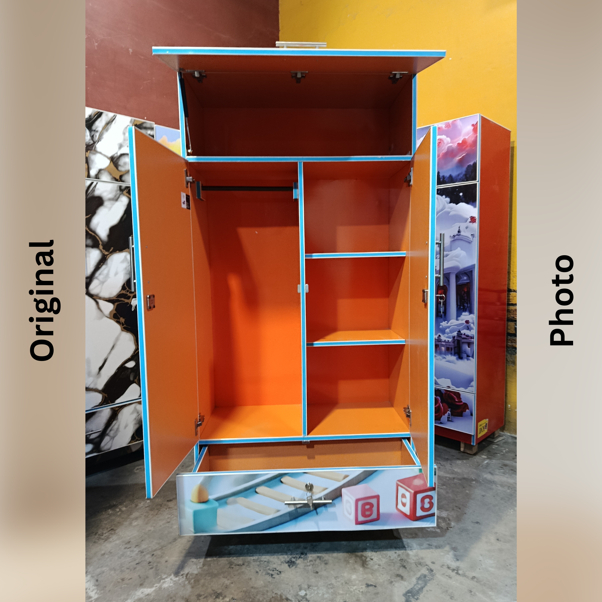 Colorful Train Theme Kids Wardrobe | 2 Door Cupboard with Drawer (63 x 33 x 16 Inches)