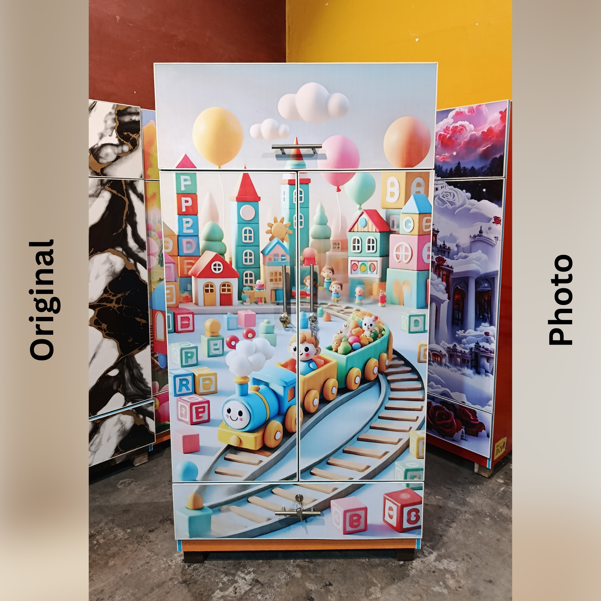 Colorful Train Theme Kids Wardrobe | 2 Door Cupboard with Drawer (63 x 33 x 16 Inches)