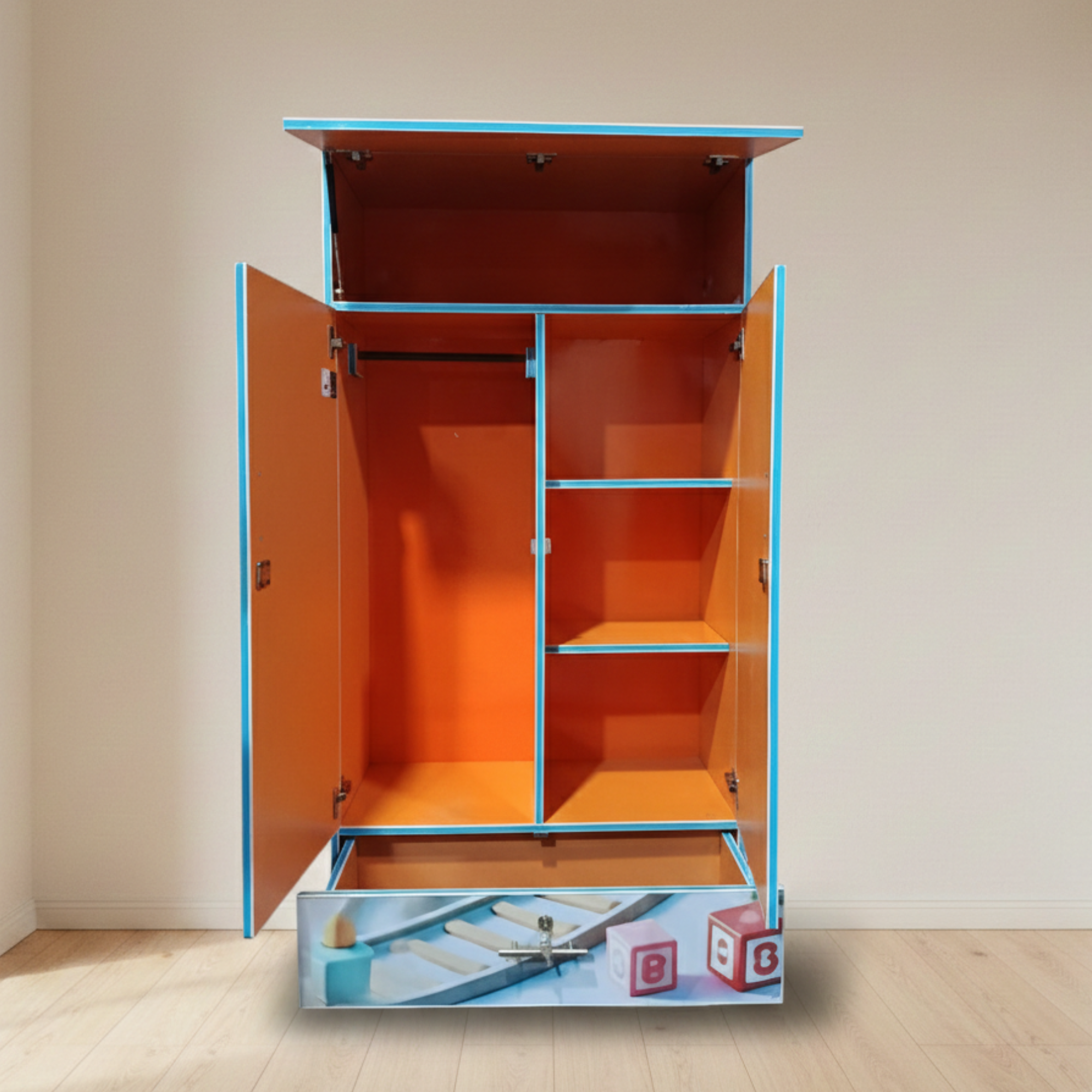 Colorful Train Theme Kids Wardrobe | 2 Door Cupboard with Drawer (63 x 33 x 16 Inches)