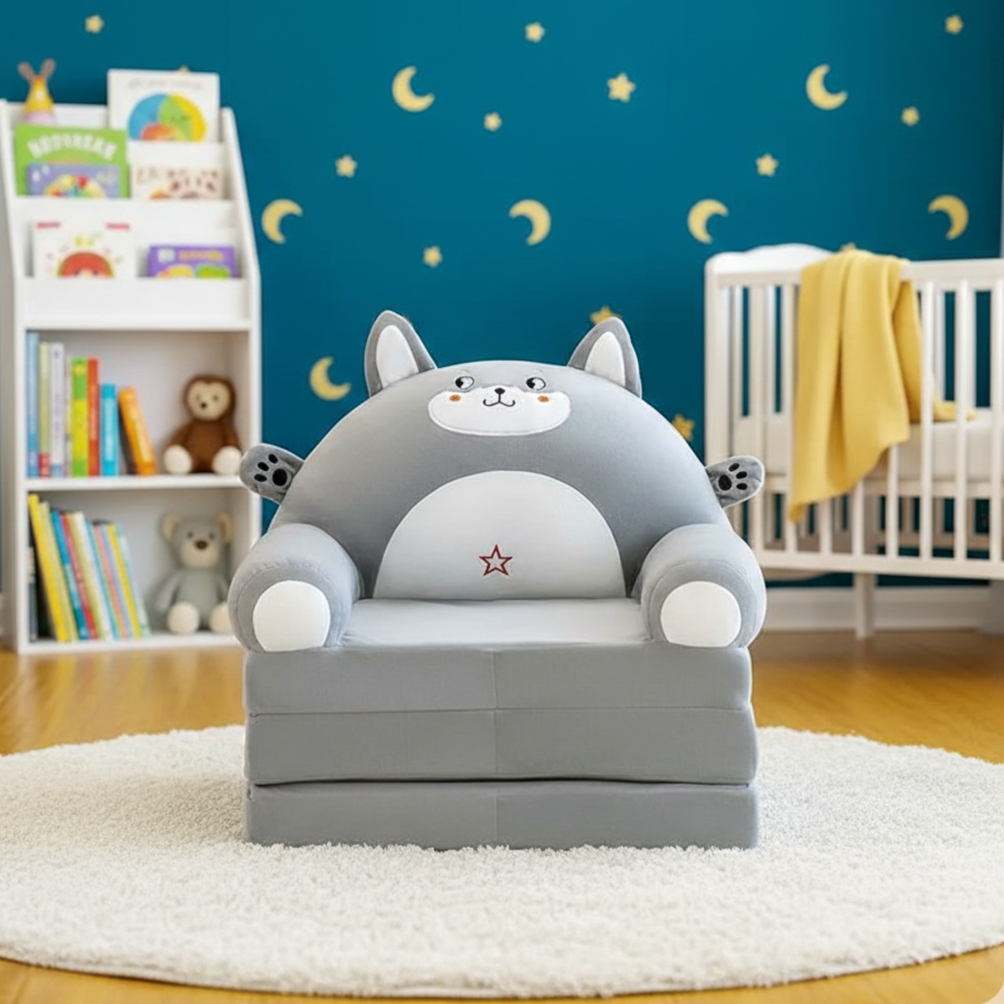 Cute Grey Cat Kids Sofa Chair Foldable Baby Sofa Seat | Soft Plush Toddler Couch | Kids Furniture Pakistan