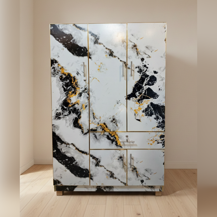 Elegant White & Gold Marble Wardrobe (6’x4’) – Premium Storage for Bedroom