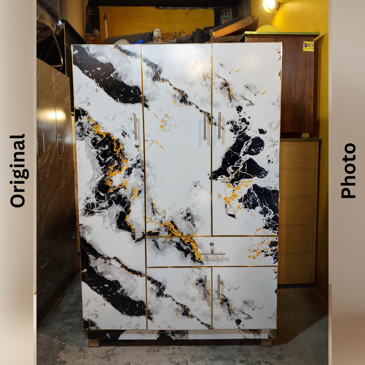 Elegant White & Gold Marble Wardrobe (6’x4’) – Premium Storage for Bedroom