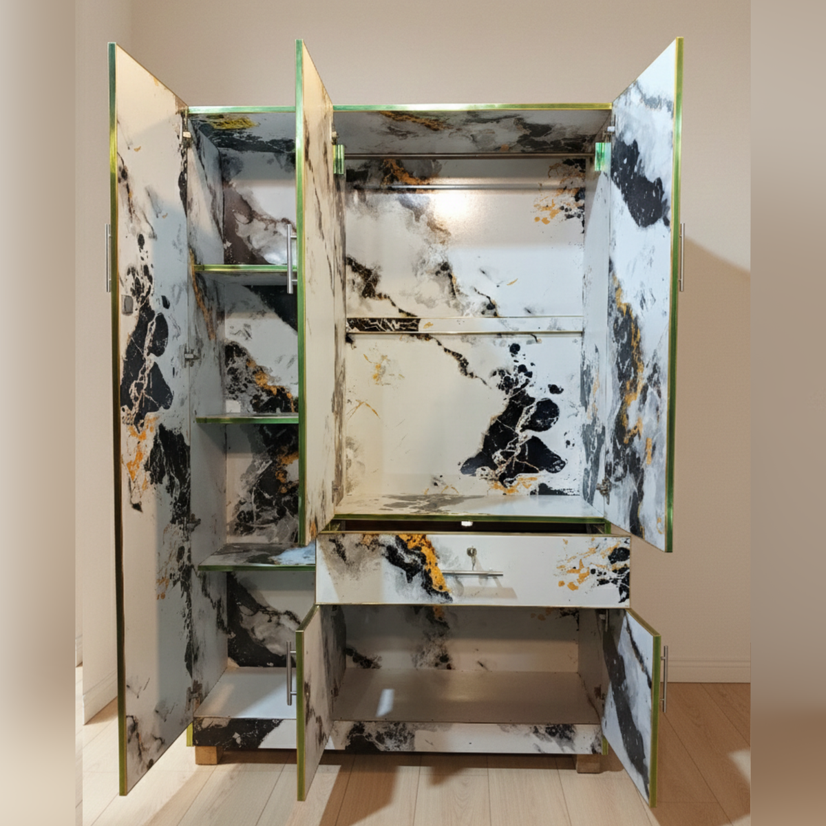 Elegant White & Gold Marble Wardrobe (6’x4’) – Premium Storage for Bedroom