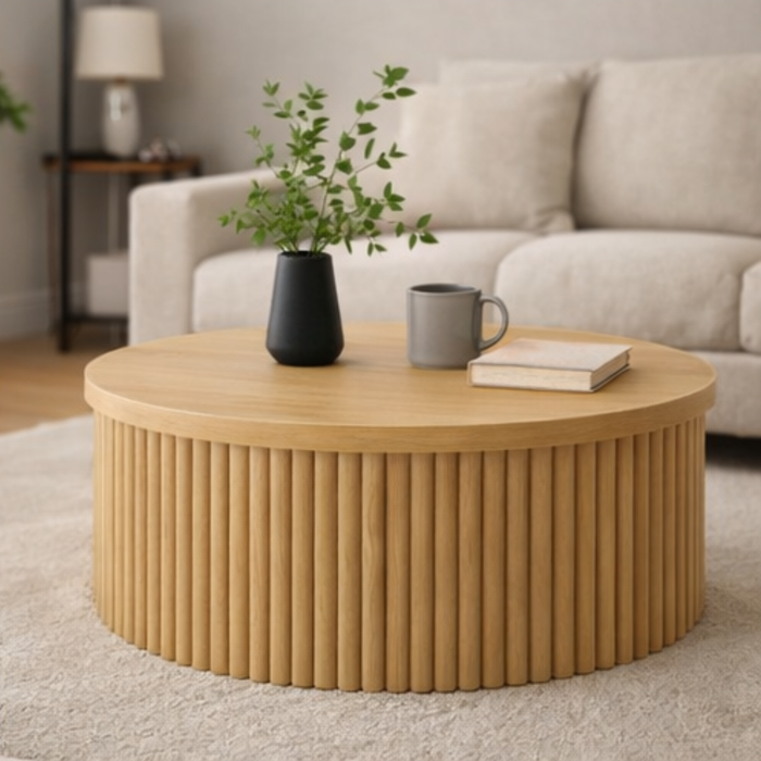 Fluted Round Coffee Table – Modern Wooden Center Table