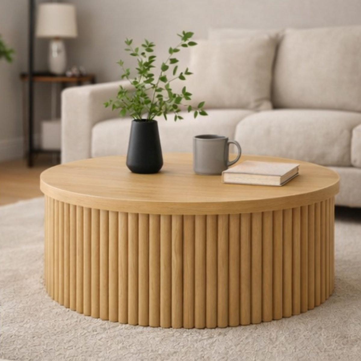 Fluted Round Coffee Table – Modern Wooden Center Table