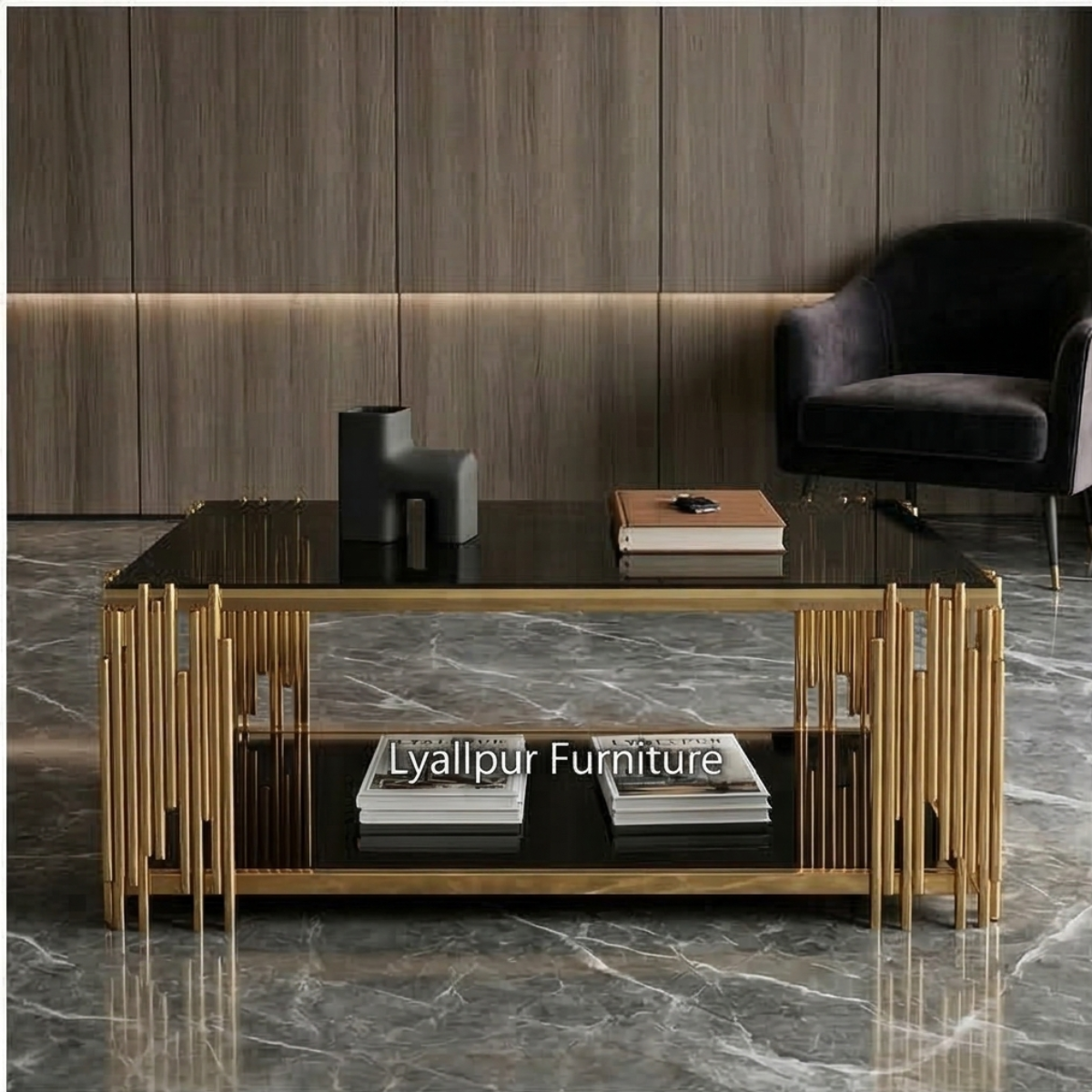 Fluted Gold & Black Glass Coffee Table