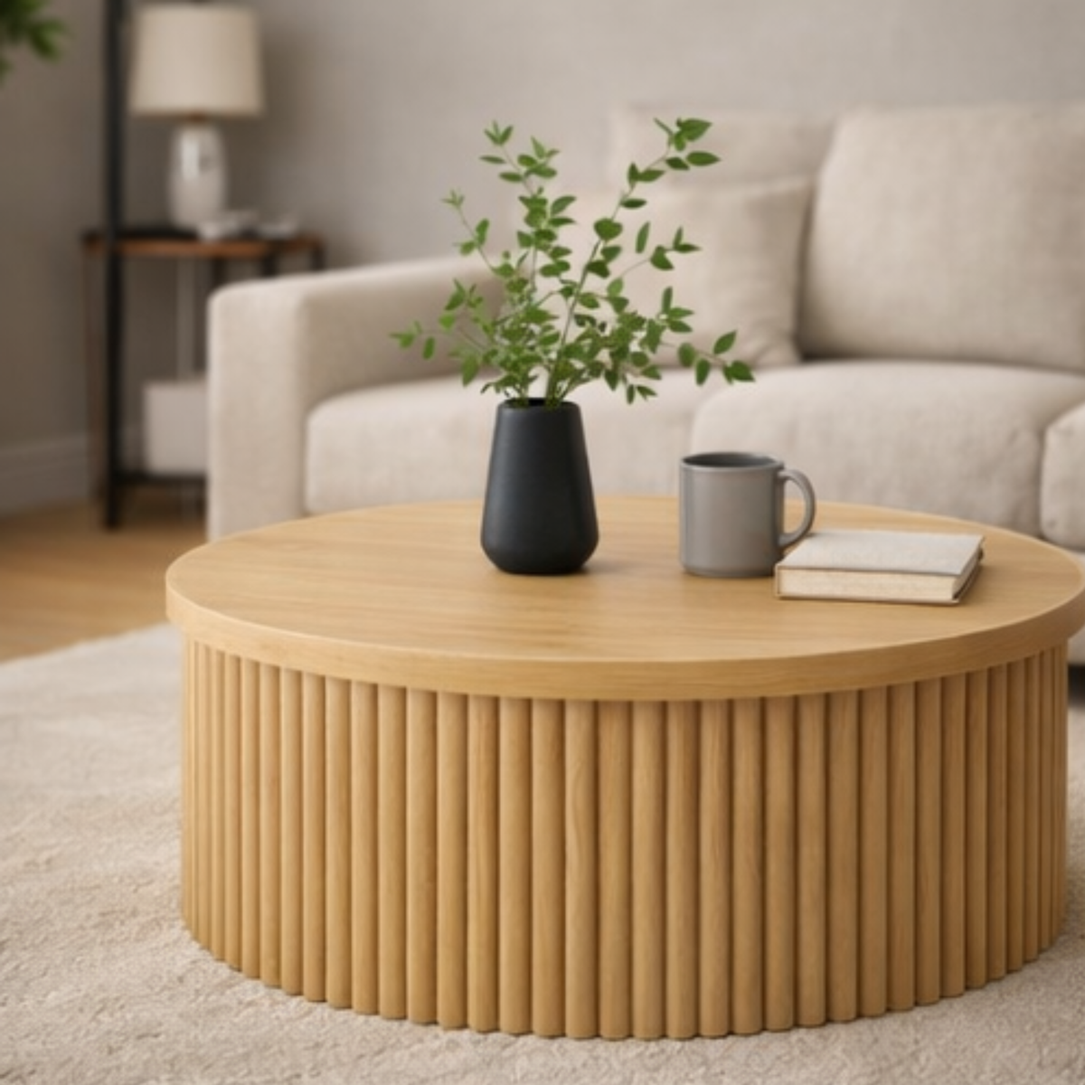 Fluted Round Coffee Table – Modern Wooden Center Table