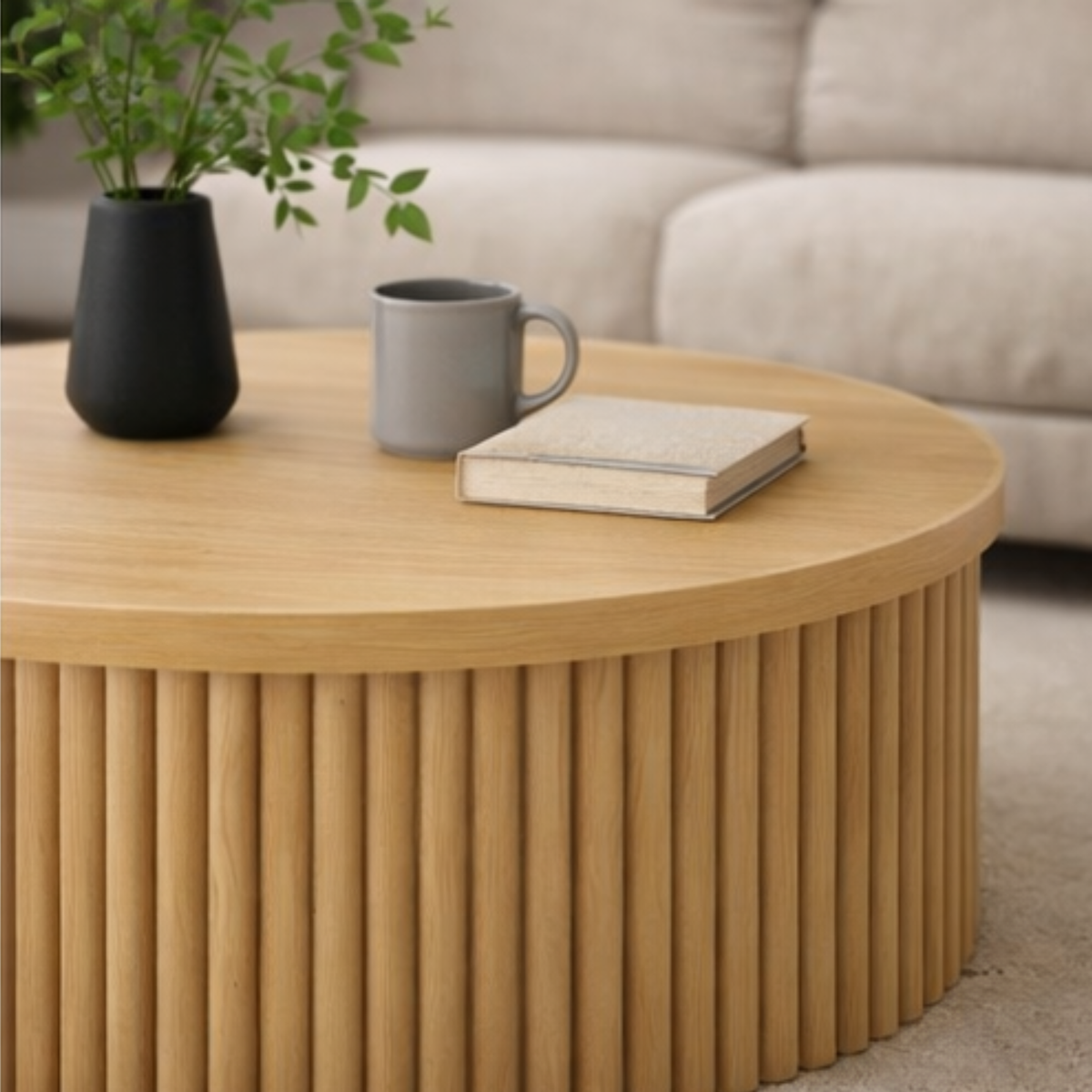 Fluted Round Coffee Table – Modern Wooden Center Table