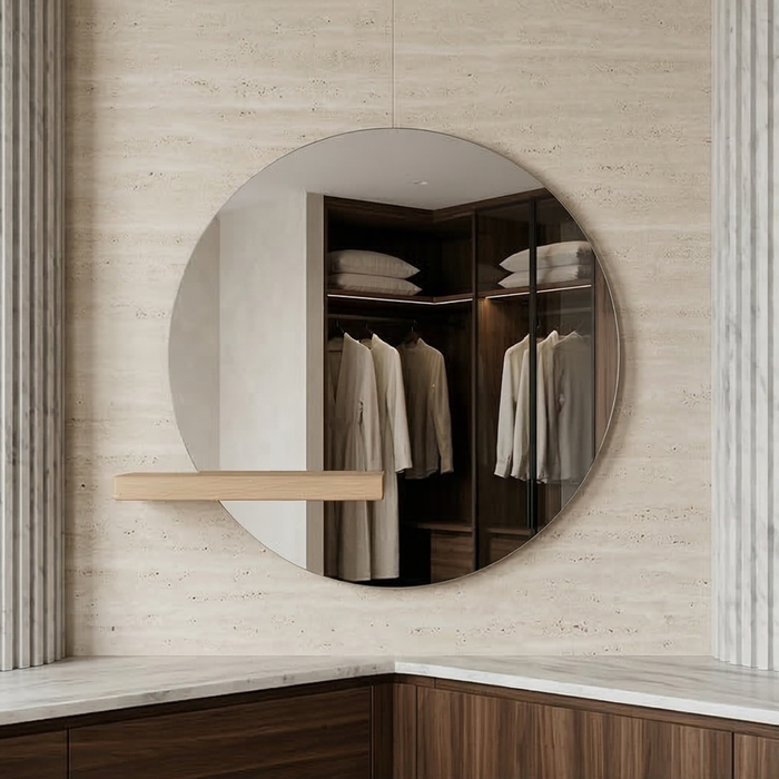 Frameless Mirror with Oak Floating Shelf