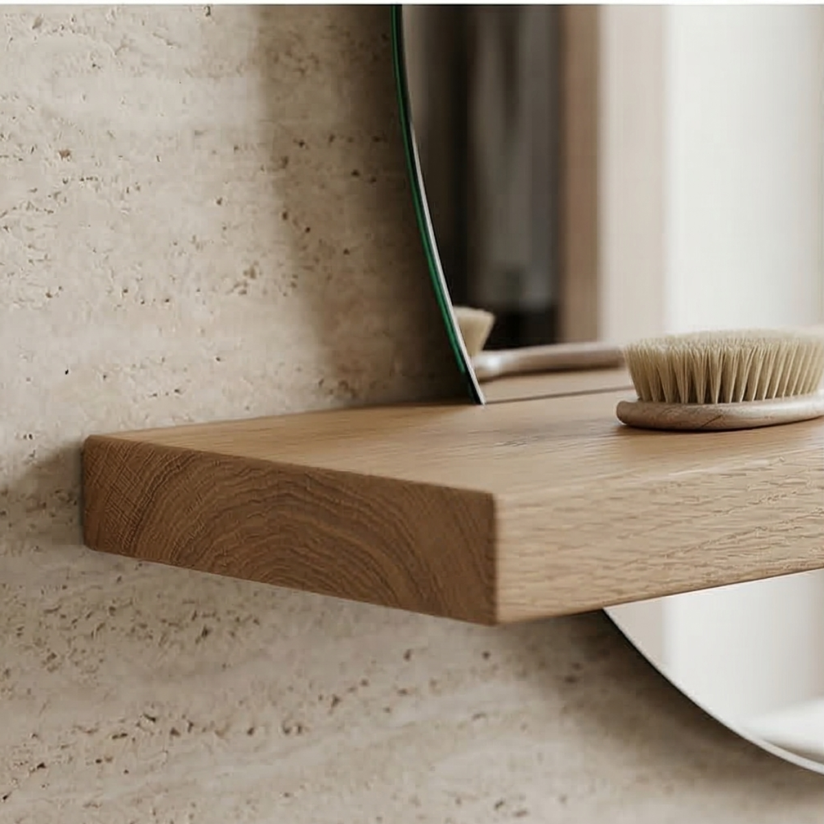 Frameless Mirror with Oak Floating Shelf