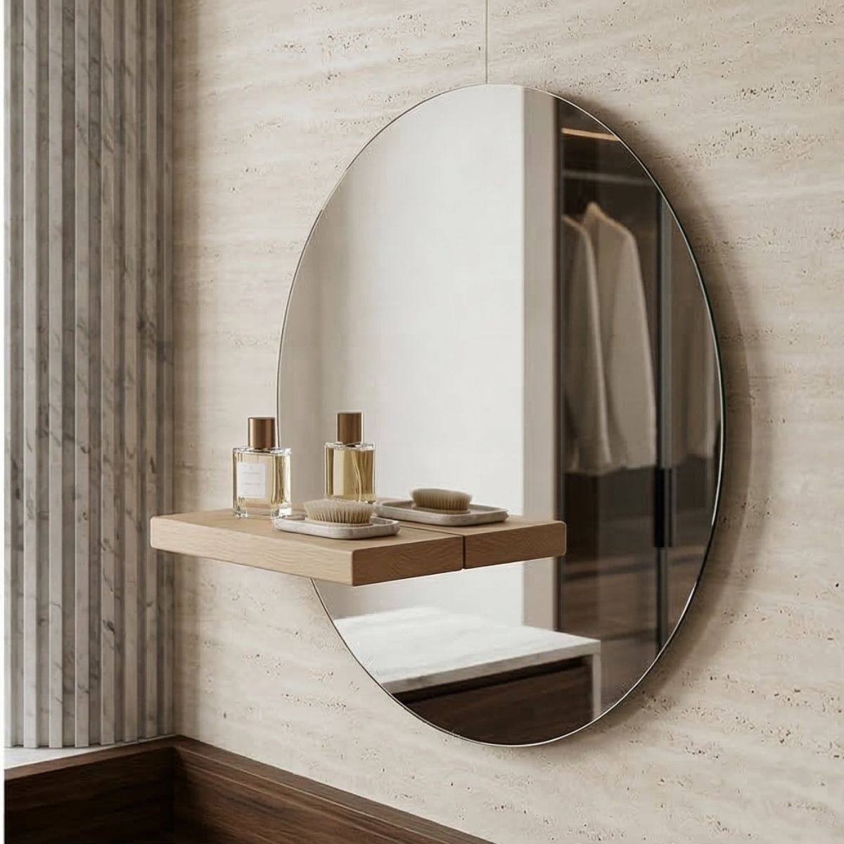 Frameless Mirror with Oak Floating Shelf