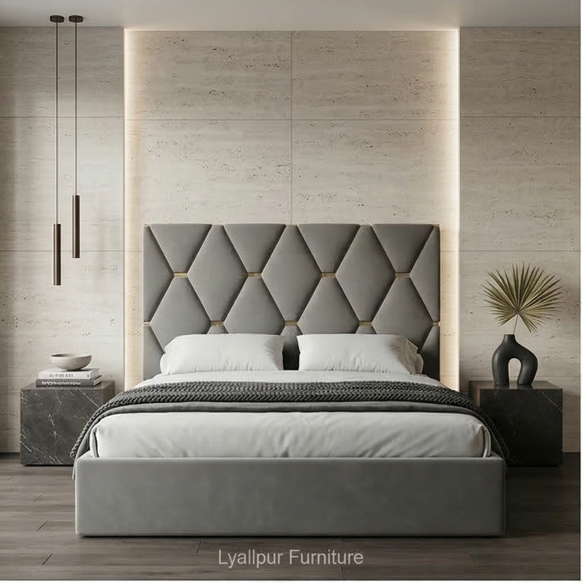 Grey Diamond Velvet Bed