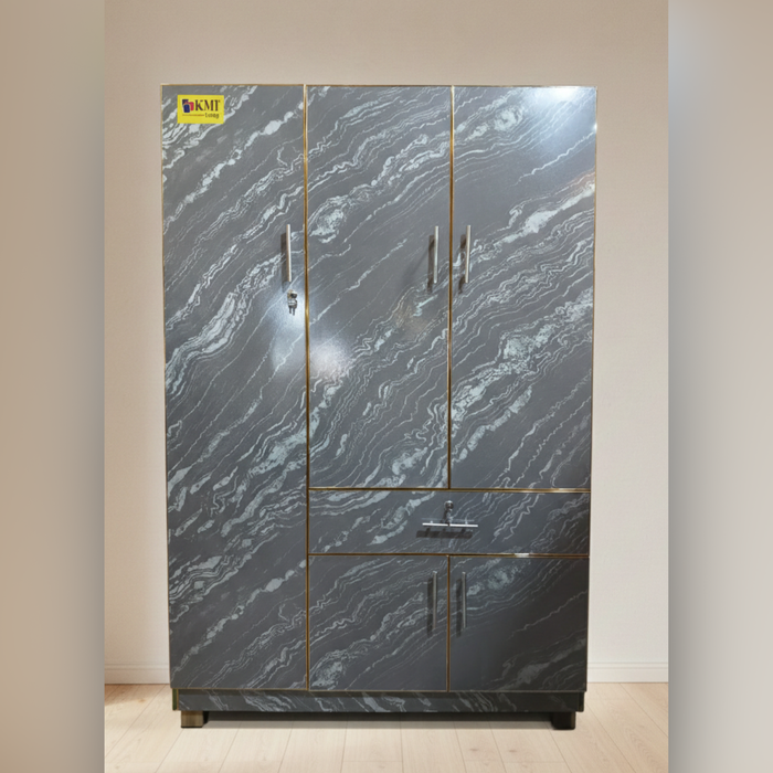 Grey Marble Lamination Wardrobe 6x4 – 3 Door with Drawer