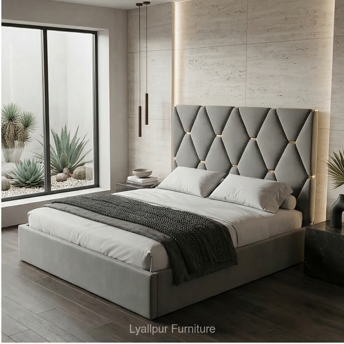 Grey Diamond Velvet Bed