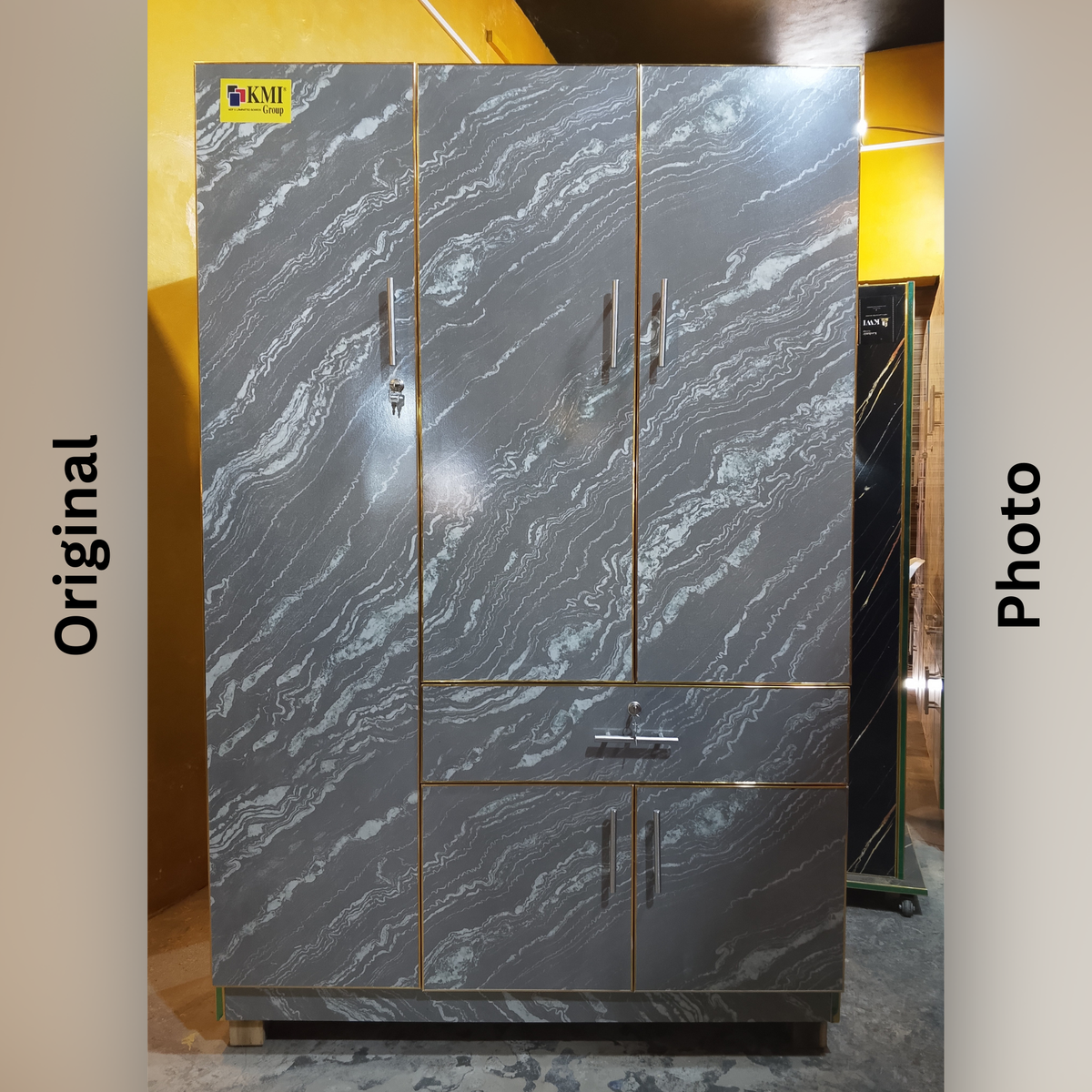 Grey Marble Lamination Wardrobe 6x4 – 3 Door with Drawer