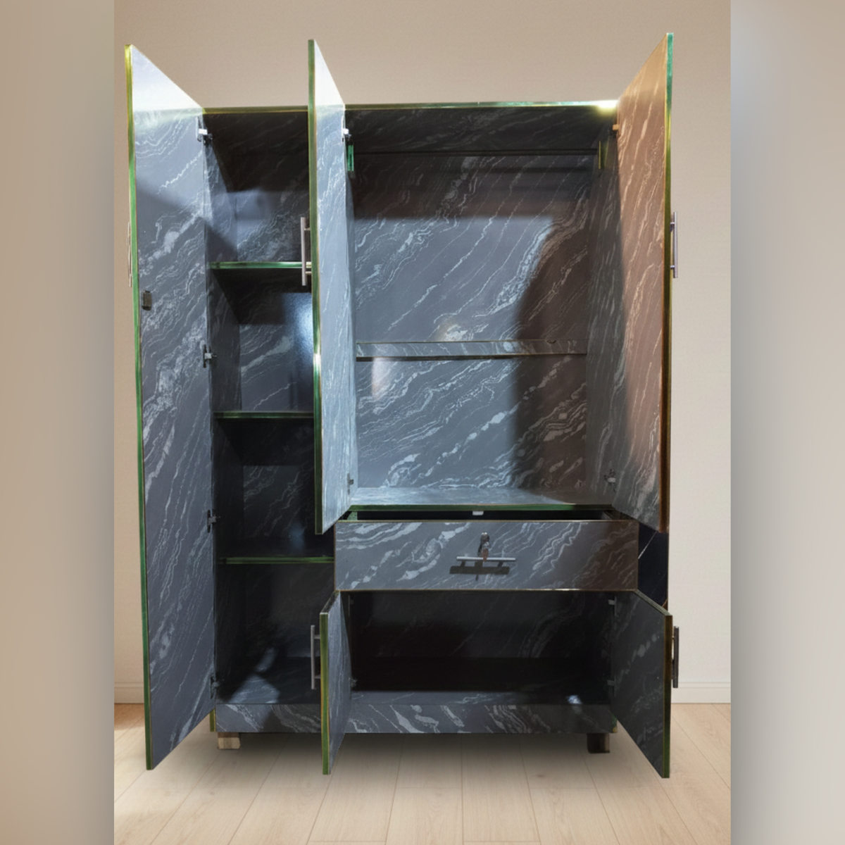 Grey Marble Lamination Wardrobe 6x4 – 3 Door with Drawer