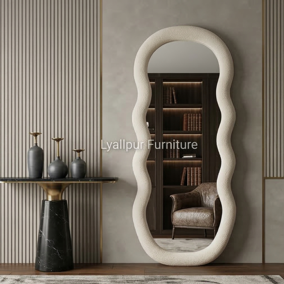 Ivory Bouclé Wavy Floor Mirror